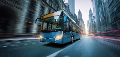 Obraz premium The Blue Bus Traveling Through a Bustling Urban Landscape at Dawn