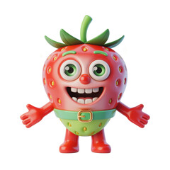 Happy cartoon strawberry character with big eyes and a wide smile.  Isolated Transparent Background