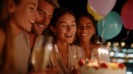 Friends celebrate birthday party with sparkling wine toast. Happy group enjoys festive evening gathering with colorful balloons and warm lights. Joyful celebration captures friendship and fun.