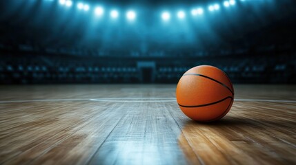 Naklejka premium Basketball on wooden court in arena