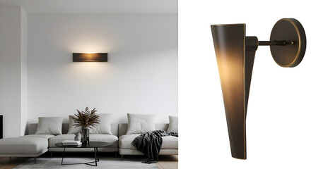 Modern wall sconce, bronze finish, illuminating a minimalist living room. Stylish and functional lighting fixture against a neutral backdrop.