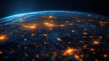 Obraz premium Earth at night, glowing city lights, network connections