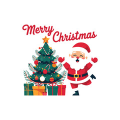 Merry Christmas Illustration with Santa Claus, Christmas Tree, and Gift Boxes

