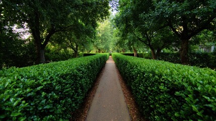 Fototapeta premium Serene Garden Path: Lush Green Hedges and Mature Trees