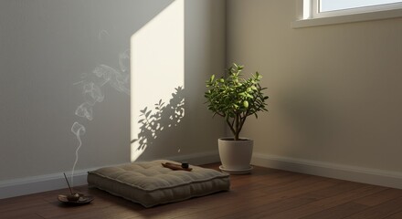 Minimalist Meditation Room with Incense and Plant