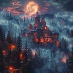 Fototapeta premium Spooky house in the woods decorated with lights for halloween