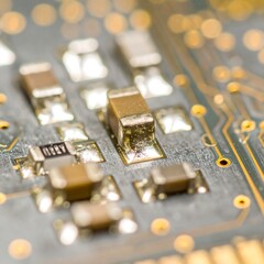 Close-up of a circuit board's surface, showing various components and intricate details