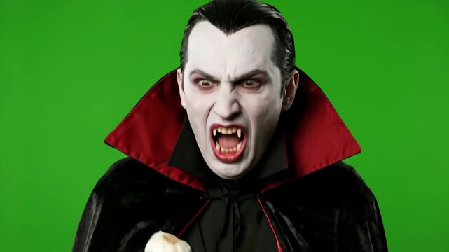 Disgusted Vampire Recoiling from Garlic - A vampire in a black cape with red lining recoils in disgust after attempting to bite a clove of garlic. The scene is shot against a bright green screen.