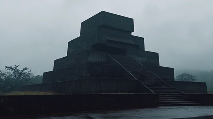 Geometric architecture of the monumental pyramid under a heavy foggy sky evoking mystery