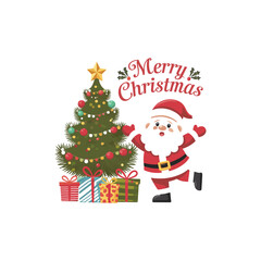 Merry Christmas Santa Claus with Decorated Christmas Tree and Gifts – Festive Holiday Illustration

