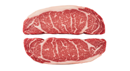 Two premium beef steaks, rich white marbling, crimson, glistening, pristine, on a transparent isolated studio background, top-down, soft high-key light. Concept of culinary excellence