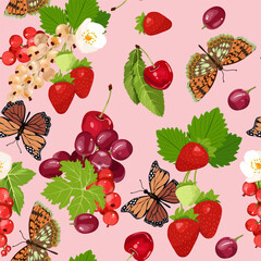 Seamless vector illustration featuring grapes, strawberries, cherries, and butterflies against a pink background. Suitable for use in textile decoration, packaging, and wallpaper designs.