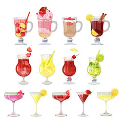 Set of cocktails. Vector illustration of drinks in different types of glasses. Set of fresh smoothies. Delicious soft drinks with berries on a isolated background.