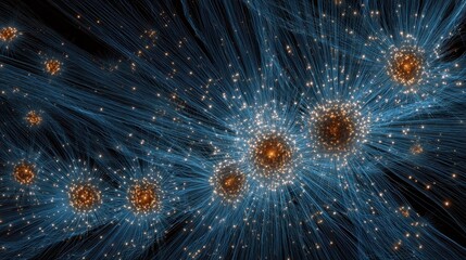 Obraz premium Abstract visualization of molecular dots in cytoplasm erupting into radiant starburst waves simulating cAMP signal amplification.