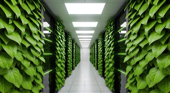 Sustainable Data Center with Green Vines | Eco-Friendly Server Room for Green Technology, Renewable Energy and Eco Conscious Business Concepts