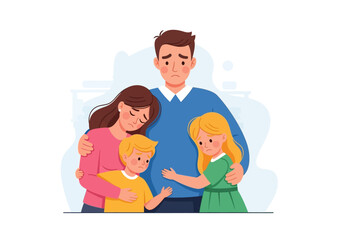 Sad family of four embracing, reflecting on difficult circumstances. Suitable for family counseling materials or emotional support resources.