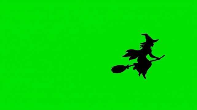 Silhouette of Witch Flying on Broomstick - Green Screen - A black silhouette of a witch flying on a broomstick is shown against a bright green screen background.
