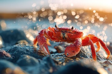 Red crab on rocky shore with droplets sparkling under sunlight