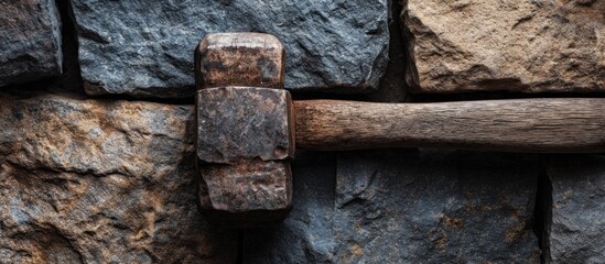 Rusty hammer on a stone wall