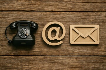 Vintage telephone, email symbol, and envelope icon arranged on a wooden surface, representing communication methods