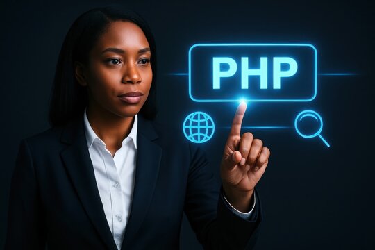 Woman touching a glowing php logo on a dark background, representing web development and programming