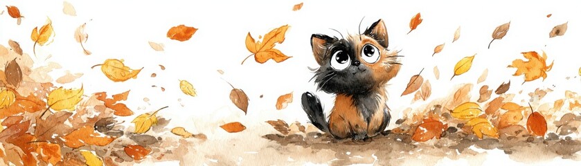 Fototapeta premium A cute kitten sits amidst swirling autumn leaves, embodying the playful spirit of the season with vibrant colors and whimsical charm.