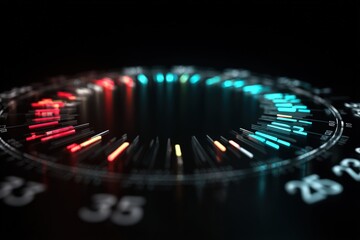 Futuristic speedometer with glowing neon indicators on a dark surface, high speed
