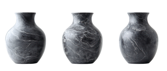 Three Stone Vases in Varying Designs against Transparent Background Showing Texture and Detail