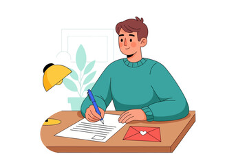 Man writing letter under lamp. Suitable for office, business, communication themed designs, cards, and social media graphics. Ideal for storytelling visuals.