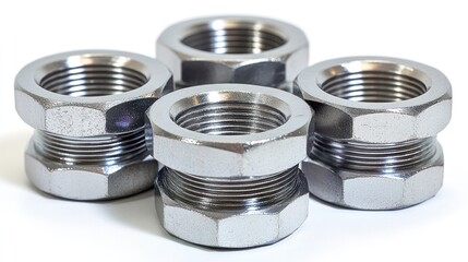Four metallic threaded nuts arranged