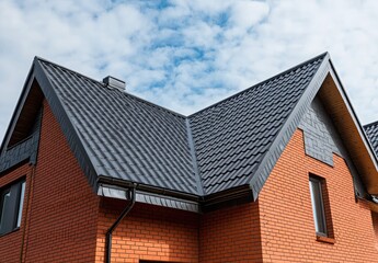 Dark gray metal roof on an orange brick house.
