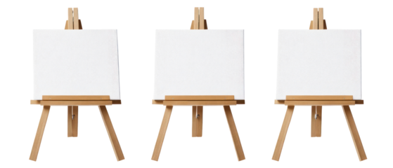 Three Wooden Easels With Blank White Canvases Against a Transparent Background
