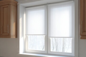 Kitchen window with white blinds. Sunlight streams in