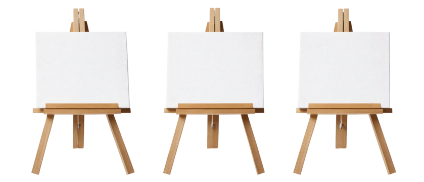 Three Wooden Easels With Blank White Canvases Against a Transparent Background