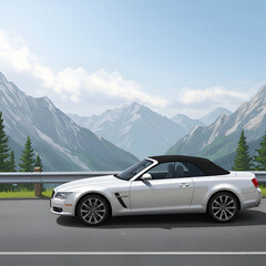 Fototapeta premium A silver convertible sports car parked on a scenic mountain road, with snow-capped peaks in the background. Elegant and sophisticated vehicle parked on the highway with stunning views.