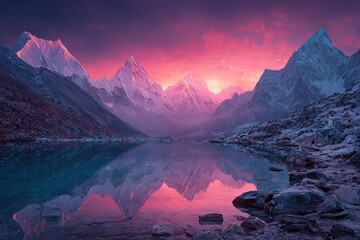 Majestic Himalayan peaks reflected in a tranquil lake at vibrant sunset