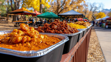 Obraz premium Colorful Display of Delicious Dishes at Outdoor Food Market Featuring Shrimp, Chicken, and Spicy Rice Surrounded by Vibrant Fall Foliage