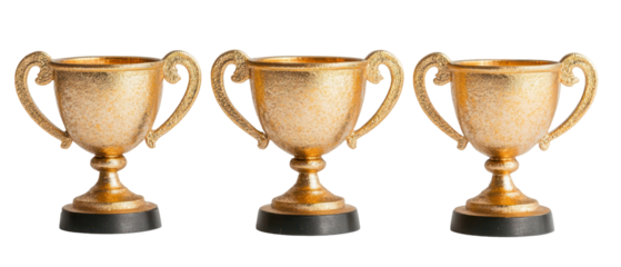 Three Golden Trophies on Transparent Background Representing Awards and Achievements
