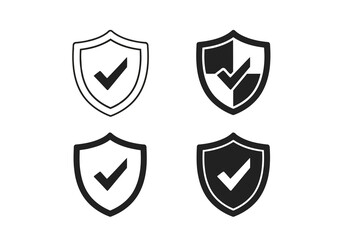 Vector illustration of photo of set of shield icons with check marks, representing security and verification, isolated on white background