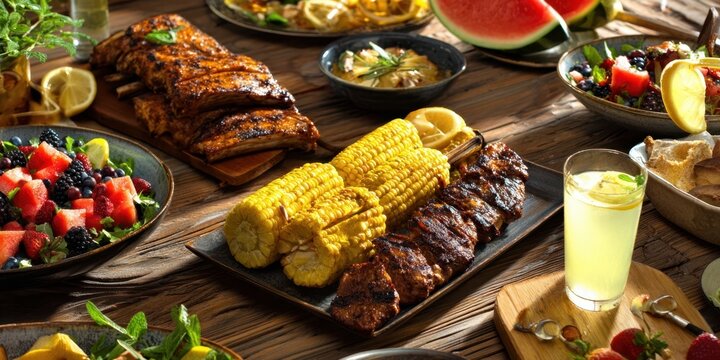 The colorful spread of grilled delights and refreshing summer beverages. - Powered by Adobe