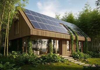 Modern ecofriendly house with solar panels in nature