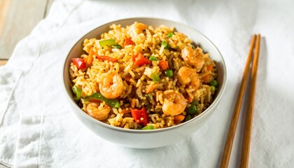 Delicious Shrimp Fried Rice Bowl with Chopsticks on White Linen.