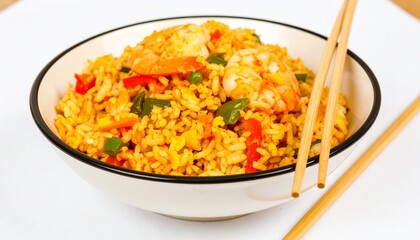 Delicious Shrimp Fried Rice with Chopsticks on White Background 1.