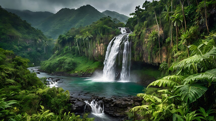 Fototapeta premium Majestic multi-tiered waterfall cascading down rugged cliffs.