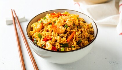 Delicious Shrimp Fried Rice Bowl with Chopsticks on White Background.