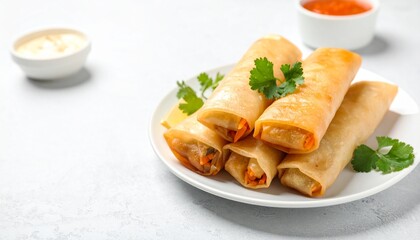 Delicious Spring Rolls with Sauces Garnished with Fresh Herbs on White Plate.