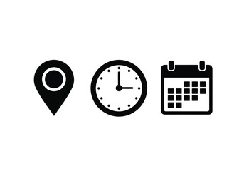 Vector illustration of photo of a set of icons representing location, time, and calendar, symbolizing planning and scheduling for travel or events, isolated on white background