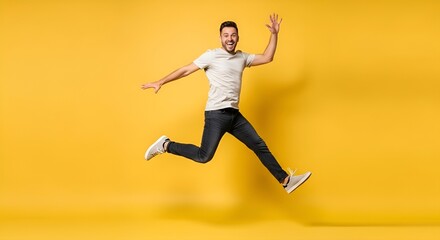 Energetic man jumping on solid bright yellow background