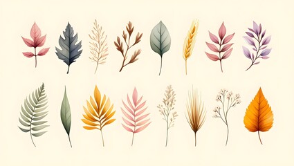 Watercolor leaves autumn foliage botanical illustration set for design and decoration