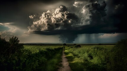 Majestic view of towering cumulonimbus clouds illuminated by golden sunset light, casting dramatic shadows over the terrain
storm clouds over lake